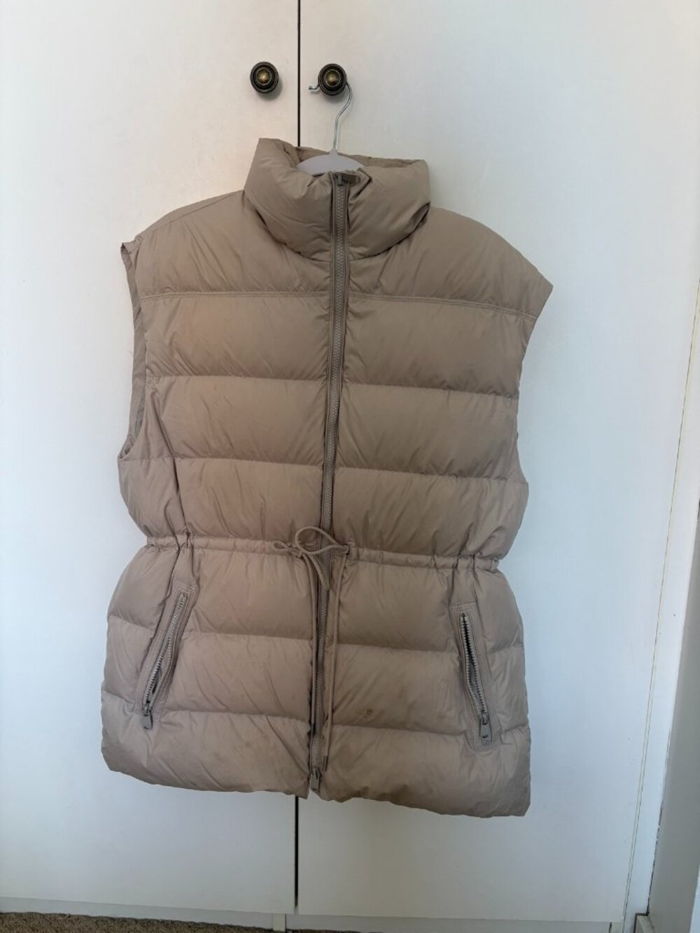 Athleta Puffer Vest Taupe Beige, Size S, Drawstring Waist